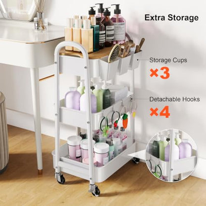 3 Tier Rolling Cart Metal with Wheels and Bamboo Table Top, Art Cart Organizer on Wheels, White Three Tiered Storage Utility Carts for Craft, Baby, Diaper Caddy,Coffee,Kitchen,Cleaning,Office Supplies - color: White