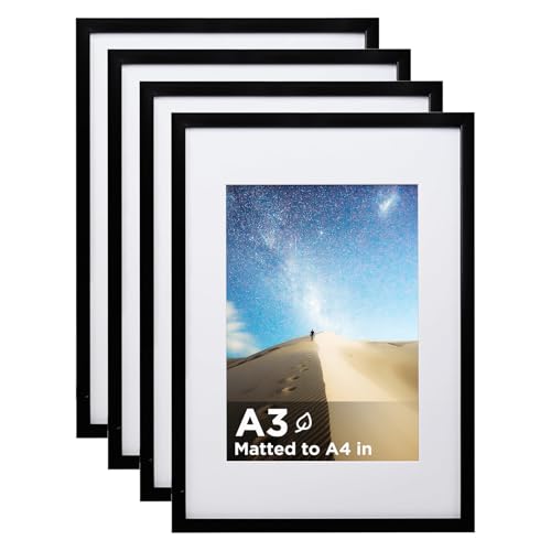 A3 Picture Frame Black Set of 4, Wooden Photo Frames Matted A4 with Plexiglass for A4 with Mat or A3 without Mat for Wall Display - color: Black, size: A3