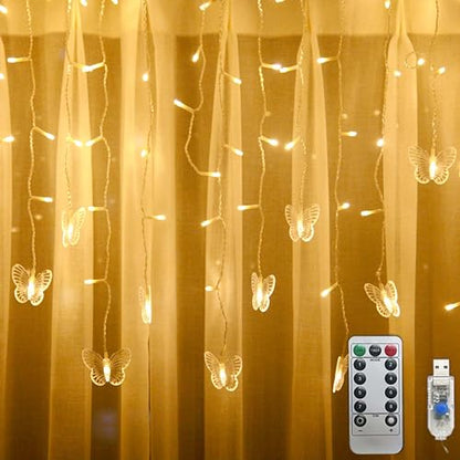 Butterfly Curtain Lights, 6.6ft 48 LED 10 Butterflies with Timer Warm White | USB Remote, 8 Modes, Window Fairy Lights, For Bedroom Wedding Party Holiday Decor