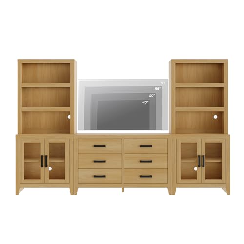 WAMPAT Farmhouse Entertainment Center with Bookshelves, TV Stand Set with Glass Doors & 6 Drawers, Wood Media Console for Living Room, Bedroom, Oak - color: Oak