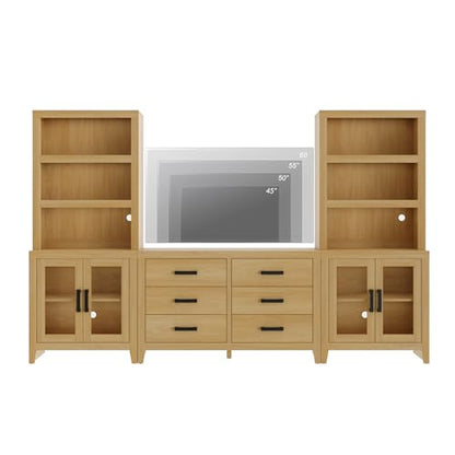 WAMPAT Farmhouse Entertainment Center with Bookshelves, TV Stand Set with Glass Doors & 6 Drawers, Wood Media Console for Living Room, Bedroom, Oak - color: Oak