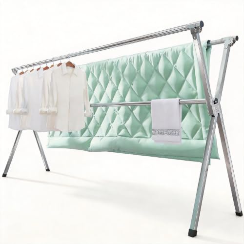 Clothes Drying Racks Outdoor, Updated Version,Stainless Steel Laundry Drying Rack for Indoor Outdoor and The Balcony,Length Adjustable Saves Space,with Windproof Hooks - size: 95inches