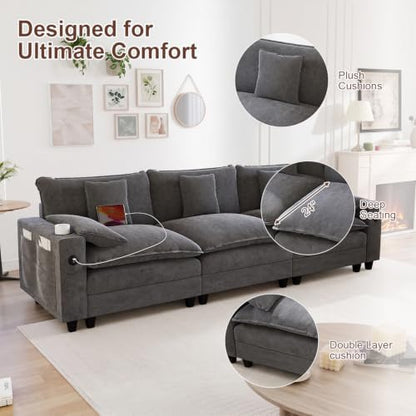 KCGKCG 116" 3-Seater Cloud Sofa, Modular Sectional Couch, Chenille Deep Seat Cloud Couch with Charging Station, Cup Holder, Side Pocket, Double Layer Seat Cushion Couches for Living Room, Grey - color: Grey, size: 116"- Loveseat
