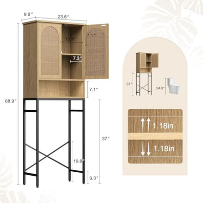 Rattan Toilet Storage Cabinet, Over the Rack Wood Cabinet with Metal Stand, Bathroom Organizer with Adjustable Shelf, Tall Freestanding Washer Shelf, Small Cupboard, Space Saver, Natural style - color: Rattan Door-natural