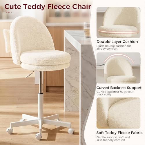 GTPLAYER Velvet Tall Office Chair with Wheels Vanity Chairs with Back, Versatile Height Use: Office to Bar Stools Small Ergonomic Comfy Armlees Computer Desk Chair with Bow Lumbar Pillow for Gift - color: Tv-cloud