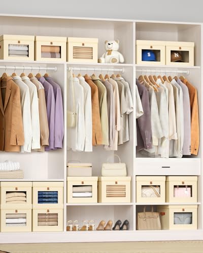 Storage Bins with Lid – Closet Organizer with Side Opening and Clear Window, Foldable Stackable Fabric Basket for Clothes, Home, Office - 13.77" x 11.8" x 9.8", 5 Pack, Beige - color: Beige, size: 13.7 Inch-5 Pack
