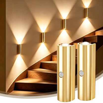 2 Pack Motion Sensor Wall Light, Rechargeable Wall Sconces | Wall Sconces Battery Operated with 3 Colors & Dimmable, Magnetic Wireless Wall Sconces for Stair Bedroom Hallway (Gold) - color: Glod