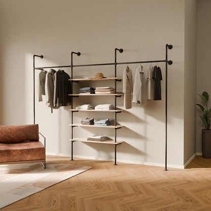 pamo Wall Mounted Clothing Rack with Oak Sheves – 117" W × 87" H, 1014 lbs | 5x Oak Shelves, Heavy Duty Closet Organizer, Powder Coated, Scratch-Resistant, Single Rod, Easy Assembly