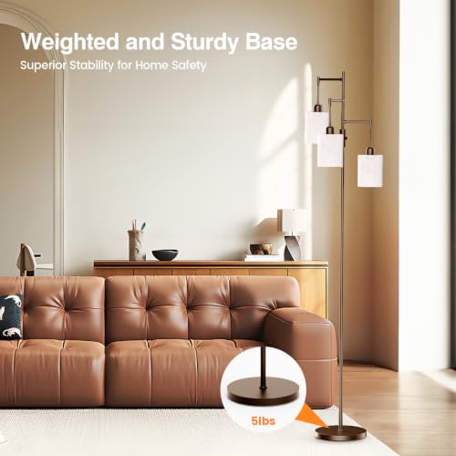 Dimmable Floor Lamp, Tall Standing Lamp with Linen Shade, Industrial Tree Floor Lamps for Living Room Bedroom Office, 3 x 1000LM LED Bulbs Included