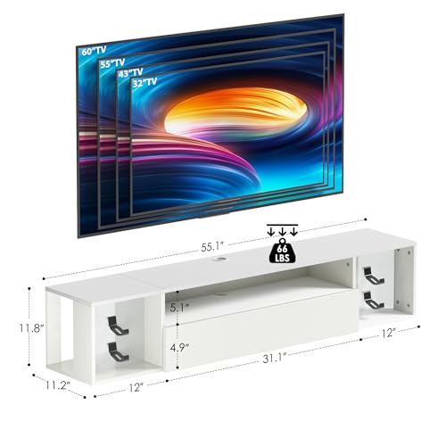 sogesfurniture 55'' Floating TV Stand Wall Mounted with Lights, Floating Entertainment Center with Lights, Modern Media Console with Storage, Wall Mounted LED TV Stand for Living Room - size: 55''-White