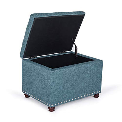 Adeco Rectangular Storage Ottoman Foot Rest Stool, Fabric Button Tufted Storage Ottoman with Hinged Lid (Cyan) - color: Cyan