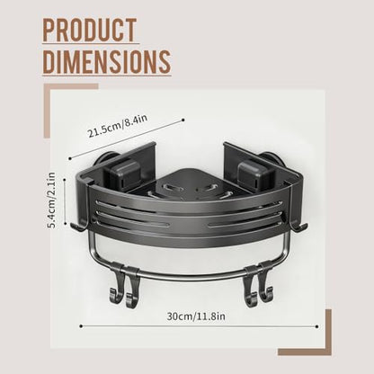 Rustproof Aluminum Corner Shower Caddy | Press-to-Install, Triangle Shelf with Hooks, Suction Bathroom Organizer, Shampoo Holder