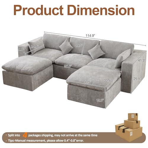 115'' Cloud Boneless Sectional Couch, Modular Sectional Sofa Deep Seat with 2 Ottomans, Oversized Upholstered Convertible Comfy 5 Seater Chenille Sofa U Shape Couches for Living Room, Light Grey - color: Light Grey, size: 115"/3 Seater+2 Ottoman