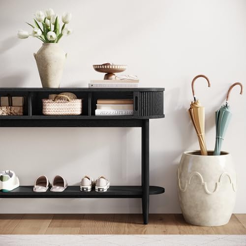 LINSY Fluted Console Table with Storage and Shelves, Black | Entryway Table, Wood Entrance, Behind Couch Sofa Table, Foyer Tables for Hallways, Living Room Boho Furniture, Narrow Long - color: Black