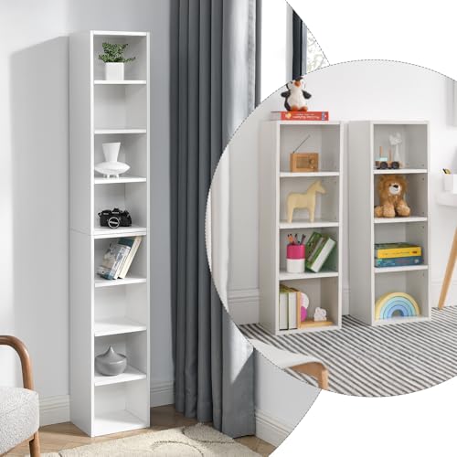 Tall Narrow Bookshelf,8-Tiers Bookcase with Adjustable Shelves,Double-Decker Combination Thin Media Tower Rack,CD DVD Slim Storage Cabinet for Living Room,Bedroom,Studio and Office (White, 71"H) - color: White