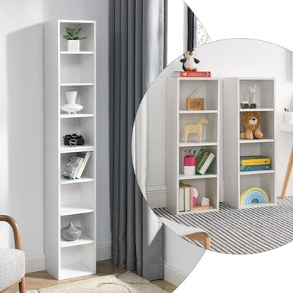Tall Narrow Bookshelf,8-Tiers Bookcase with Adjustable Shelves,Double-Decker Combination Thin Media Tower Rack,CD DVD Slim Storage Cabinet for Living Room,Bedroom,Studio and Office (White, 71"H) - color: White
