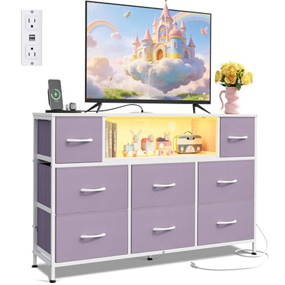 WLIVE LED Dresser TV Stand for 55 Inch TV, 8 Drawers, Purple | Fits TVs up to 55 inch, 8 fabric drawers, LED chest of drawers, Built-in power outlet, Living room or bedroom - color: Purple
