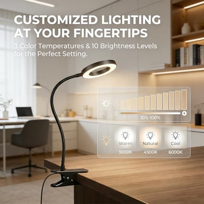 Sunny Power LED Clip On Book Light Eye-Care Bedside Reading Light for Kids | 3 Color Modes,10 Brightness Levels Flexible Arm Night Light,USB Powered Books in Bed, Table Lamp for Home Office Dorm