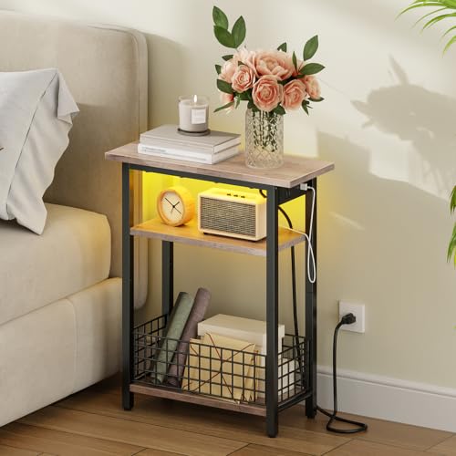 HOOBRO Narrow Side Table with Charging Station and LED Light, Small End Table with Storage, Skinny Nightstand with USB Port, Slim Bedside Table for Small Spaces, Living Room, Greige BG242UDBZ01 - color: Greige + Black