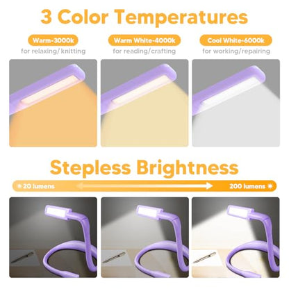 Reading Lights for Books in Bed, 3 Colors Dimmable Neck Light | Eye Caring Book Light Dual Lamps, 80H Lasting, Hands-Free Knitting, Crochet, Sewing, Crafting, Purple Gifts for Women Girls - color: Purple