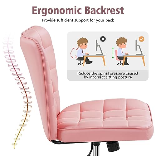 Yaheetech Pink Tufted Armless Office Desk Chair with Wheels, Faux Leather | Thick foam cushioned seat tilts back to relax, lifts 18-22 in, spins 360 degrees, holds 300 lb, and assembles with ease. - color: Pink