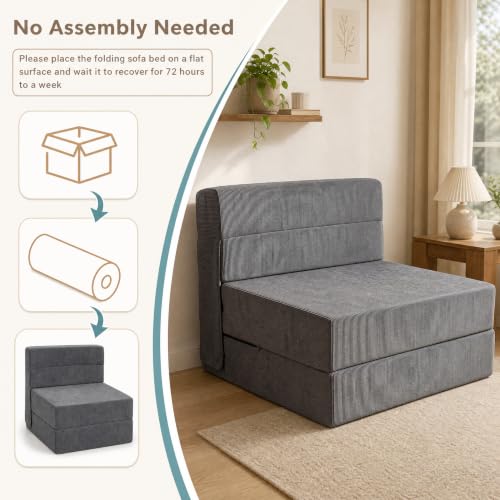 KOMFOTT Convertible Folding Sofa Bed, 4-in-1 Fold Out Sleeper Chair | Floor Sofa with Corduroy Cover, Smooth Zipper & Hook and Loop Fasteners for Living Room, Bedroom, Guest Room, Dark Grey
