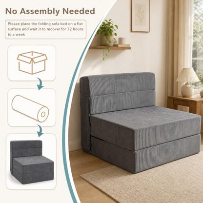 KOMFOTT Convertible Folding Sofa Bed, 4-in-1 Fold Out Sleeper Chair | Floor Sofa with Corduroy Cover, Smooth Zipper & Hook and Loop Fasteners for Living Room, Bedroom, Guest Room, Dark Grey