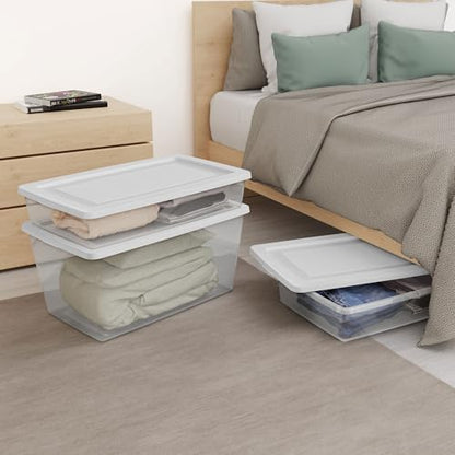 Sterilite 41 Qt Underbed Storage Box, Stackable Bin with Lid, Plastic Container to Organize Bedroom, Clear Base and White Lid, (Pack of 6) - size: 41 Quart, style: 6 Pack