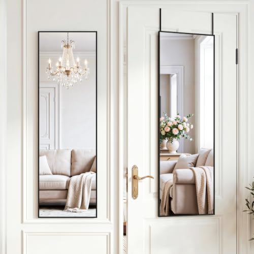 47"x14" Mirror Full Length, Wall Mounted/Over the Door, Black | Full body mirror, Leaning or Hanging, Hooks & hardware included, Suitable for bedroom, living room, closet - color: Black