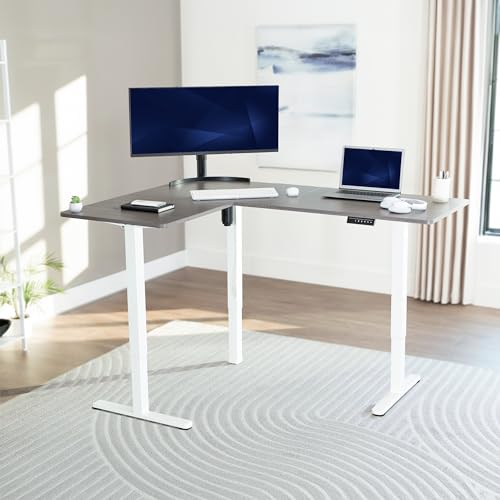 VIVO Dark Gray 63 x 47 in Corner Standing Desk, DESK-E3CTWG-47 | Electric, Holds 225 lbs, Reversible L-Shaped Table, Sit Stand, Height Adjustable, Memory Presets, White Frame - color: Dark Gray Top / White Frame, size: 47 x 63