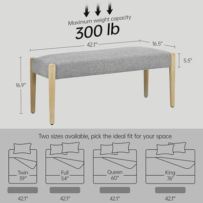 Usaint 42" End of Bed Bench with Wood Legs, Grey with Oak Leg | Modern Upholstered Bedroom Bench with Rubberwood Legs, Entryway Bench with Cushion, Dining Bench for Living Room, Bedroom - color: Grey With Oak Leg