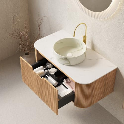 36" Floating Bathroom Vanity with Sink, Wall Mounted Plywood Cabinet, Natural Wood Grain Fluted Front, Sintered Stone Countertop, White Marble-Look Ceramic Vessel Sink, Soft-Close Drawer - color: Natural Oak Cabinet / White Marble Sink, size: 36 Inch