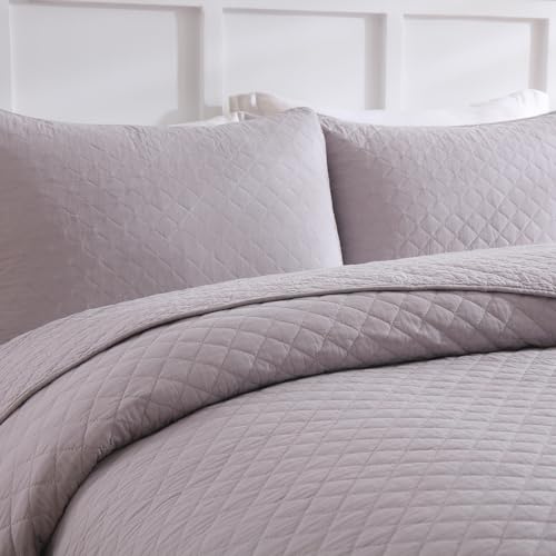 Wistown Cotton King Bedspread Quilt Bedding Set, Grey | 3 Pieces Reversible Lightweight Soft Coverlets Comforters, All Seasons, Diamond Stitching Pattern - color: Grey Diamond Pattern, size: King (98 by108inch)