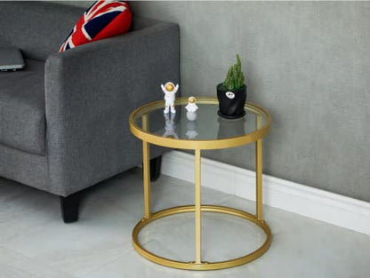 Round Nesting Coffee Table Gold Set of 2 for Living Room, Modern Side Tables with Sturdy Metal Frame and Tempered Glass.Minimalist End Table,Cocktail Table for Dining Room,Home Decor