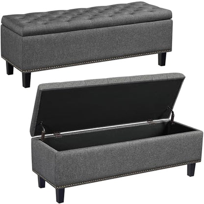 Yaheetech 49in Square Storage Ottoman Coffee Table with Nailhead, Dark Gray | Button-Tufted Linen-Look Fabric Bench, 3.5C Storage Space, Wood Legs, Metal Hinges, for Bedroom Foot of Bed Living Room - size: 17.5"D x 49"W x 18"H