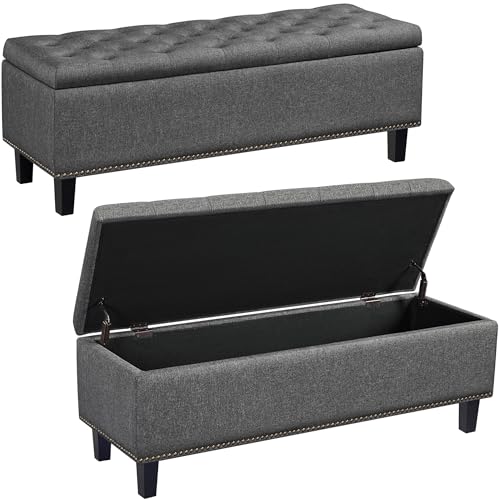 Yaheetech 49in Square Storage Ottoman Coffee Table with Nailhead, Dark Gray | Button-Tufted Linen-Look Fabric Bench, 3.5C Storage Space, Wood Legs, Metal Hinges, for Bedroom Foot of Bed Living Room - size: 17.5"D x 49"W x 18"H
