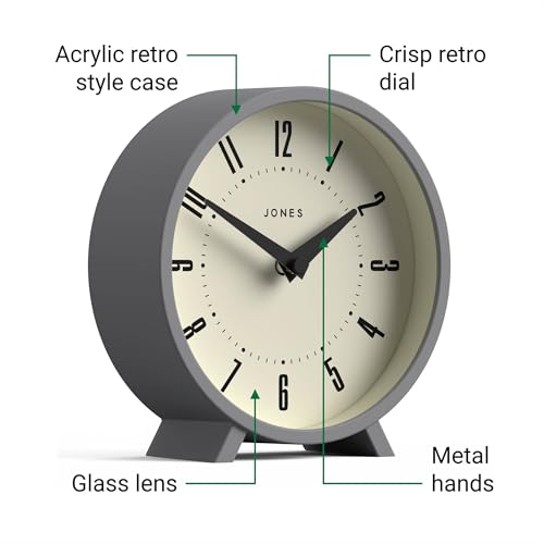 JONES CLOCKS® Venus Desk Clock | Modern Round Design | Gray | Stylish Retro Look for Shelf, Table, Mantel or Bedside - color: Clockwork Grey