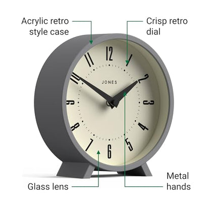 JONES CLOCKS® Venus Desk Clock | Modern Round Design | Gray | Stylish Retro Look for Shelf, Table, Mantel or Bedside - color: Clockwork Grey