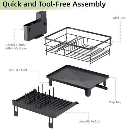 TOOLF Expandable Dish Drying Rack for Kitchen Counter, Black | Extendable 12"-22"W, Fast Draining, Large Capacity, Fits Large Plates, Utensil Holder, 3-4 People Family - size: 1-Tier(Front Extension)