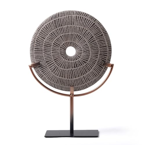 HAUCOZE Modern Home Decor Abstract Sculpture Table Centerpiece Art 13.4inch | Rustic Resin Statue with Metal Stand Round Disc Ornament Screen Figurine Fashion Gift for Desktop Bookshelf - size: 9.1x13.4inch