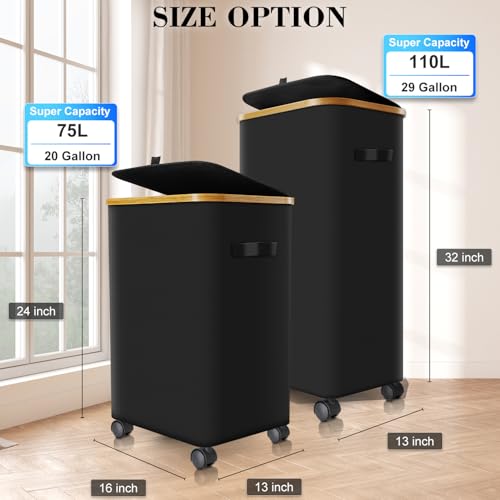 Laundry Hamper with Wheels,20 Gal (75L) Laundry Basket with lid Rolling Clothes Hamper Foldable Dirty Clothes Basket on wheels with Bamboo Frame and Bag for Bedroom, Dorm, Laundry Room-Black | Clothes Hampers for Laundry with Inner Bag, Dirty Clothes Hamp
