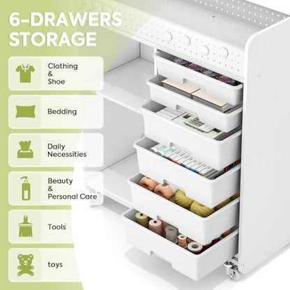 Rolling Craft Cart with 6 Drawers, Pegboard and Locking Wheels White | Ample multi-zone storage, 2 open shelves, art cart for classrooms, homeschool and offices, sturdy wood-metal frame - color: White