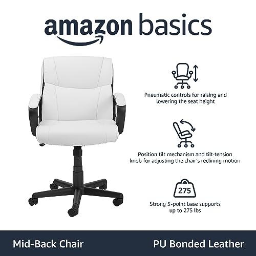 Amazon Basics Office Task Chair with Adjustable Height, 360° Swivel, Padded Armrests, Mid-Back, 275 Pound Capacity, BIFMA Certified, 24.2"D x 24"W x 38.6"H, White Faux Leather - color: White