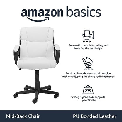 Amazon Basics Office Task Chair with Adjustable Height, 360° Swivel, Padded Armrests, Mid-Back, 275 Pound Capacity, BIFMA Certified, 24.2"D x 24"W x 38.6"H, White Faux Leather - color: White