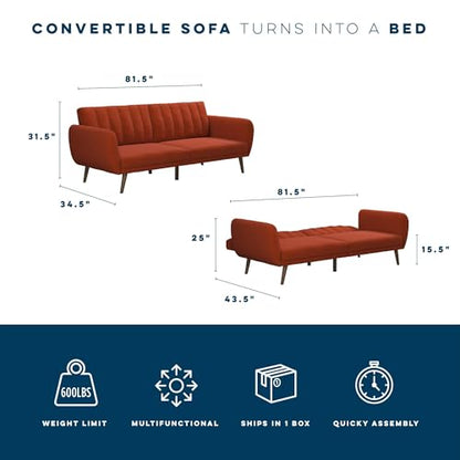 Novogratz Brittany 82 Inch Futon Sofa Bed in Linen, Upholstered Couch Sleeper with Tufted Back, Mid-Century Modern Design, Persimmon - color: Persimmon Linen