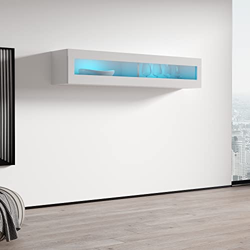 Meble Furniture Floating Media Cabinet Type-51 — Wall-Mounted Storage with LED Lighting — High Gloss Finish, 47.2 x 11.8 x 11.8 inches — White