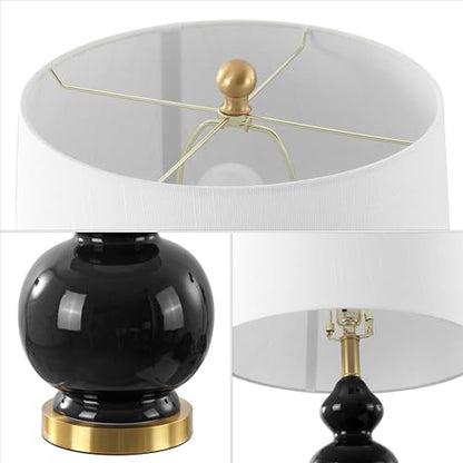 JONATHAN Y Bowen 27.5" Ceramic Triple Gourd Table Lamp, Black/Brass Gold | Contemporary, White Linen Drum Shade, Modern Transitional Style, Metal Base, LED Bulb Included - color: Black