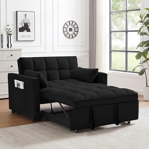55" Pull Out Sleeper Sofa, Velvet Loveseat with Side Pockets, Black | Velvet upholstery, 5-level adjustable back, Pull-out bed design, Sturdy frame with side pockets - color: Black