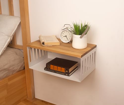 Floating Nightstand with White Metal Base, Wooden Top and Sturdy Metal Base, Minimalist Bedside Table, Wall Mounted Shelf, Bedside Shelf (Madrid) - color: Madrid