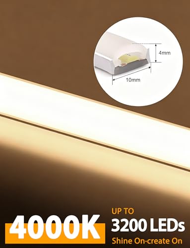 Lamomo COB LED Strip Lights 32.8Ft, Natural White Dimmable Self-Adhesive Led Rope Light with Remote, Flexible Cuttable Waterproof 3000K Silicone Neon Tape Light for Bedroom, Cabinet, 10mm Width - color: Natural White, size: 32.8Ft